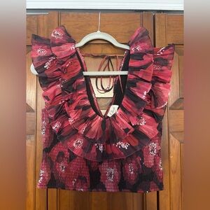 Floral Ruffle Blouse - Red and Black